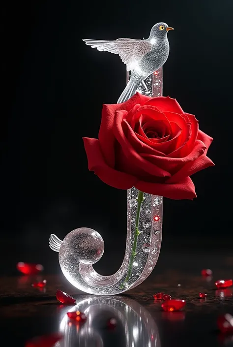 Crée une image Lettre J en verre cristallin, accompagnée dune colombe transparente et dune rose rouge vibrante, éclairage doux et fond sombre." Avec des diamants lumineux 