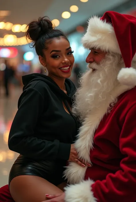 black woman hair in a bun black hoodie black leather short shorts excited look on her face with eyes really big and wide open setting on santa claus lap at the mall side full large picture shot 
4k romantic sexy