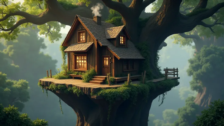 A wooden house on a large tree.