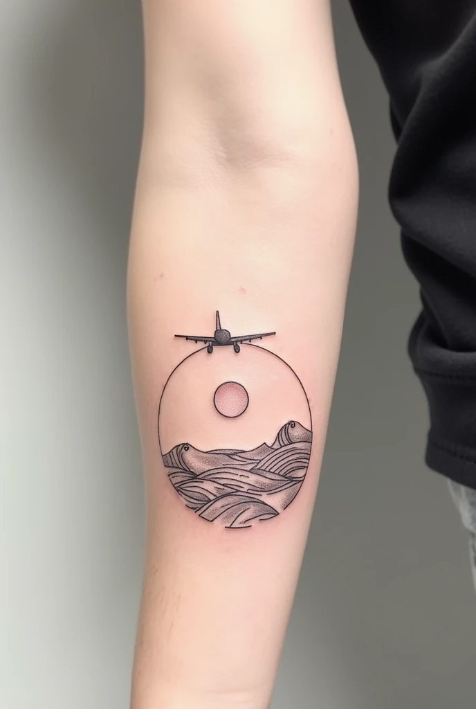  tattoo design that represents planes the sea and the sunset, Make it black and minimalist  