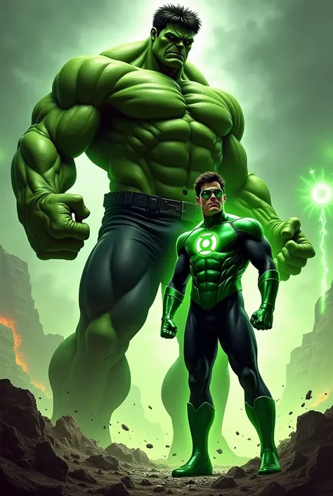 Hulk (Bruce Banner) & Green Lantern (Hal Jordan)

Prompt: The Hulk stands towering and muscular, his green skin glowing with raw strength. His fists are clenched, ready for battle, showcasing his brute force. Beside him, Green Lantern (Hal Jordan) stands w...