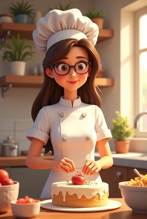 Pixar-type woman answering  , with white uniform , making a cake , long brown straight hair ,  light-skinned woman with reading glasses , with chefs hat 
