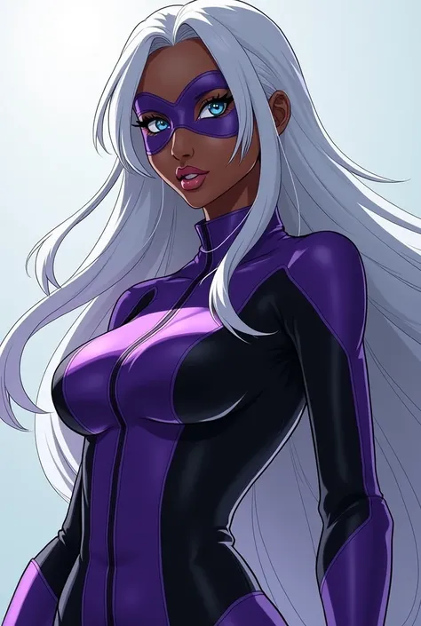 Create a black woman, Look like 35-year-old , about 1, 85 in height with long hair down to below the waist, white hair color,  Blue Eyes,  wearing a heroine outfit that uses the power of speed, purple and black outfit,  with a mask that hides only the eyes...