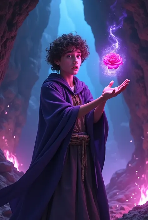 Um garoto de , Curly hair in a cave on fire, him looking at the cover ,  some purple flames scattered around the cave .  He wearing a wizard outfit ,  in his hand a blue energy made a fiery rose float, Make him face this way , Create more purple calls ,  m...