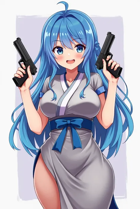 Blue haired anime with squats, short hair, long hair, Miko dress, big boobs, holding a pistol in one hand, holding a pistol in one hand, holding herself in front of herself, long hair curled in front of her face, smiling eyes.