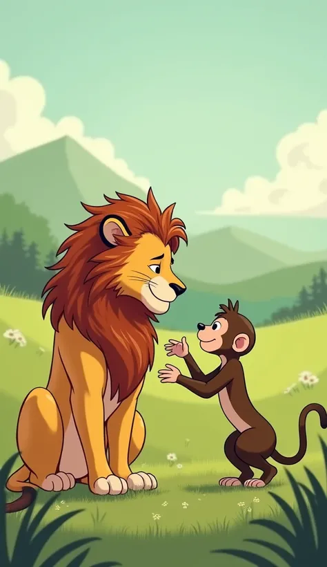 "An elegant and stately female lioness approaches a monkey in an open field. The two seem to understand each other ,  showing affectionate and relaxed gestures ." ( Picture like nude comics )