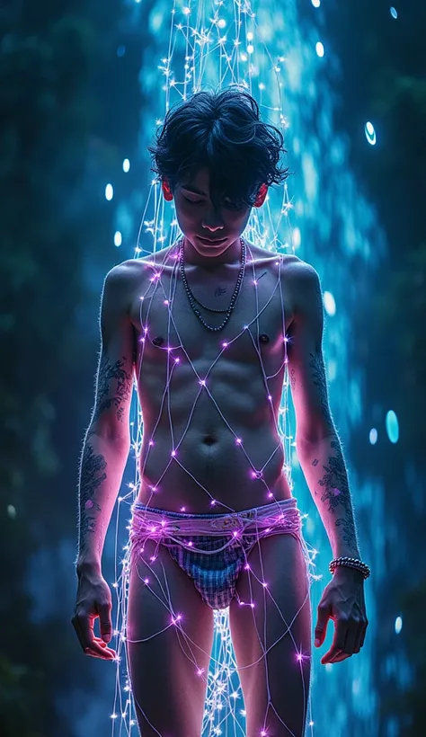 A 16-year-old totally naked nepali punk boy, colloured dyed-heir punk-style , standing  entangled in a ethereal bioluminescent magic-net that IS floating in the Air UP around him. Fantasy, dream-like style.  Artístic nude,  realistic, 
