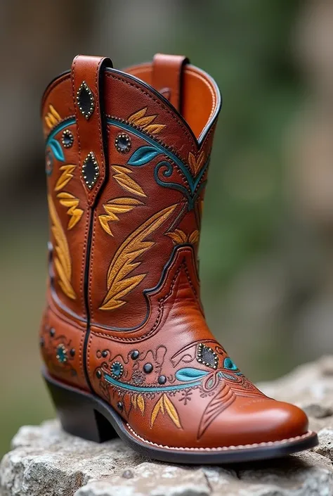 handmade leather wallet with designs inspired by Peruvian culture in the shape of a boot