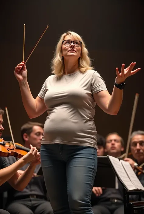 Best quality, blonde music conductor wearing light gray cotton t shirt and jeans, glasses, wearing an AppleWatch, with a muffin top waist because she gained weight 30 pounds in her tummy area, conducting a band with a baton 