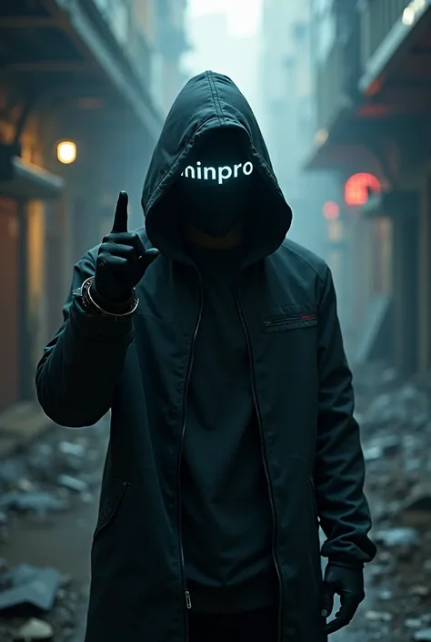 Hacker guy on hoods wearing a mask with MINPRO boldly written on the hood, lifting his left hand with a finger up
