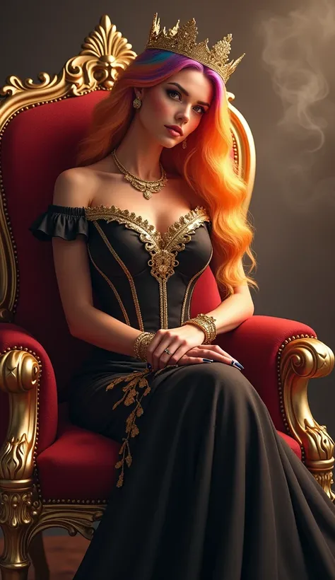 Create a disney princess avtar full body image where a woman with a rainbow hair and she wearing gold and black luxury princess dress and sitting on king size chair with crown 👑, shes crossing her hand, there is smoke in background a shadow. Make her name ...