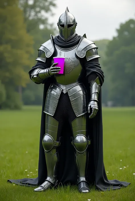  A man with a suit of knight armor and a black jacket with jordans holding a red solo cup with purple liquid in a field