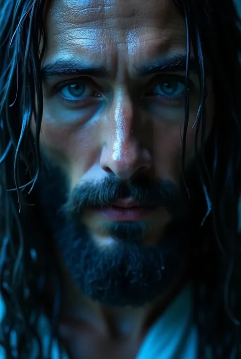 Close-up of a mans face with a thick beard, wet skin with water droplets, intense and soulful gaze, long dark hair falling across his face, resembling a modern depiction of Jesus Christ, dramatic cinematic lighting in cool blue tones, highly detailed skin ...