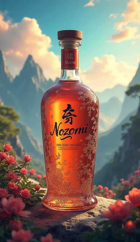 Write the name Nozomi brilliantly in cursive on the bottle and make the background a fantastic and luxurious landscape