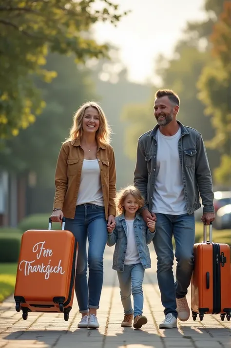 A family of 4 leaving all with suitcases in their hands and a word of gratitude on top of them 