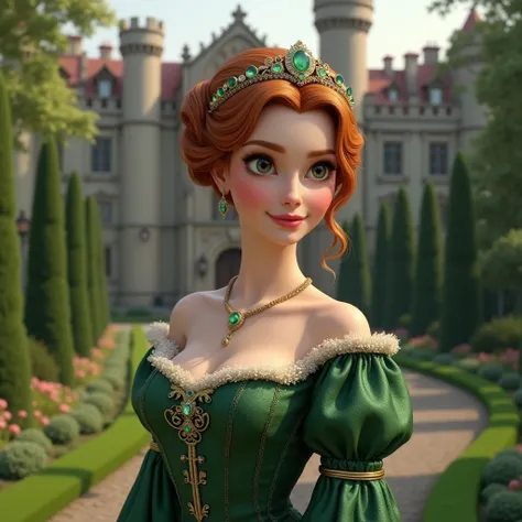 Women wirh reddish-brown hair with her hair tied up in a formal hairstyle and a tiara with emeralds on her, She is wearing a green Tudor style dress and is standing in the garden of a castle 






