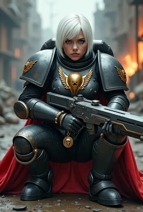 A captivating, cinematic photograph of a female warrior in futuristic Adepta Sororitas-inspired power armor. She has short white hair, blue eyes, and rosy cheeks, displaying a fierce yet slightly embarrassed expression. Her black and silver armor features ...