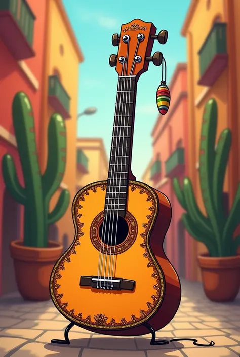 Acoustic mariachi guitar with ones cutted strength left on the guitar holder cartoon 