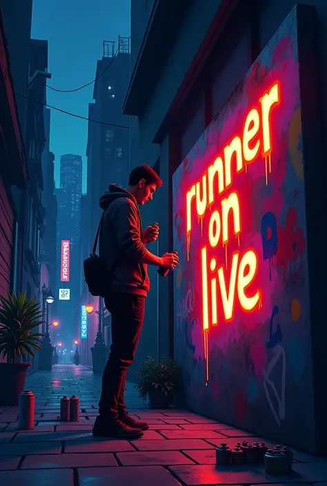  make an animation of a man doing graffiti  (por la noche)  with bright colors that say  "RUNNER ON LIVE " 