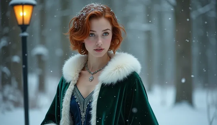 In a magical snow-covered forest inspired by The Chronicles of Narnia, the setting features the iconic lamppost glowing warmly amidst the ethereal cold. A young, adventurous woman with hazel eyes stands gracefully in the serene landscape. Her short, wavy a...