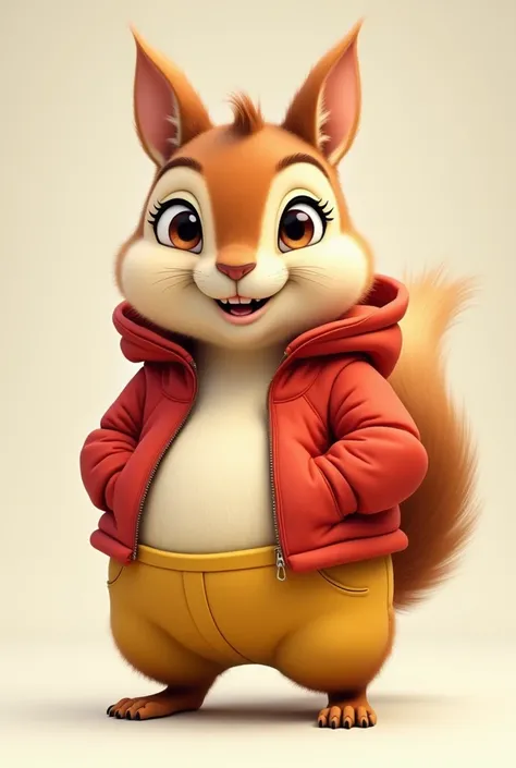 A squirrel with modern red and yellow clothes holding it and that is chubby, that looks tender and looks very real, that is aimed at an audience, teenagers and families. 