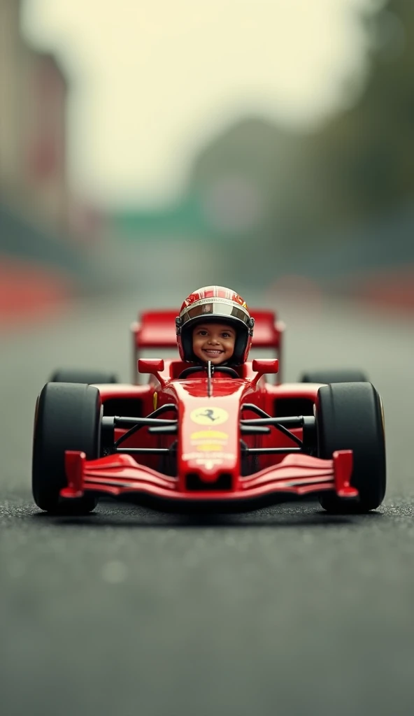 the smallest Ferrari Formula 1 car ever seen with little driver Lewis Hamilton happily in front, tilt shift, analogue photo, faded, low contrast