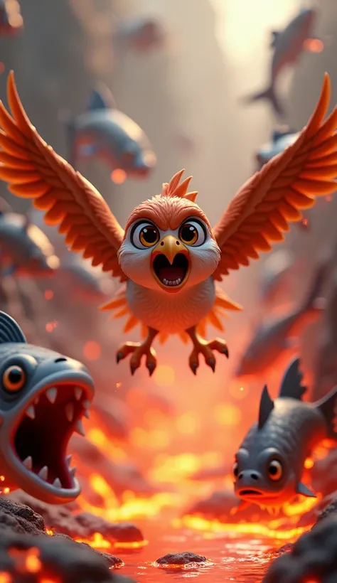 3D cartoon falcon, mid-air with wings spread wide, eyes wide in mix of confusion and determination. The background features a bubbling lava lake filled with cartoonish piranhas leaping out, mouths open and teeth sharp. The surrounding environment is vividl...