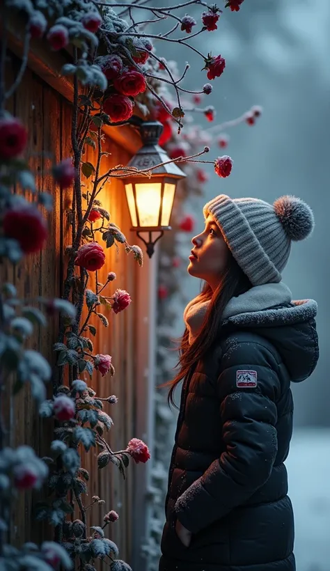 close up,  thick branches of a dark red climbing rose on beige wooden fence, leaves,  a lantern on a pole glows , black night, winter,  snow , frost, snowflakes, frost, stars, A house in the village.  A beautiful girl stands next to her looking at roses co...