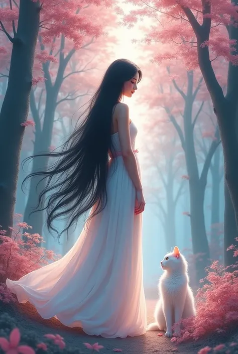 Dessin 
Femme de dos
Cheveux noirs longs jusquau bas du dos
Chat blanc de dos
Sapin blanc et rose foncé 
Habillée robe blanche
Ambiance romantique 