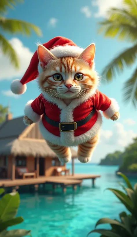 タヒチの水上コテージの真上を飛行している、 cute anthropomorphic cat wearing Santa Claus clothes flying directly above a Tahiti floating cottage。