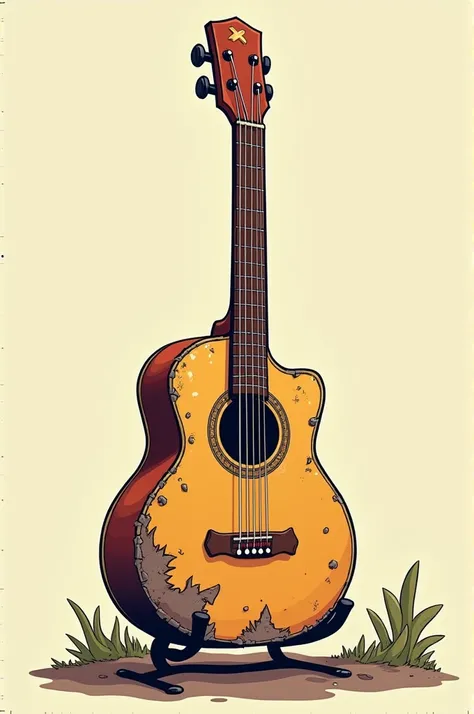 Acoustic guitar with ones torn strength left on the guitar holder cartoon 