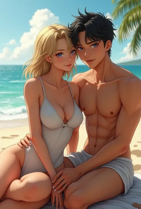  real young man with black hair and some blonde with the body of a bodybuilder and with a friend who is cazzuhermosa thin tender silky white skin,   wavy golden blonde hair silver eyes thin eyebrows , Labios pequeños) And on a beach wearing a full body swi...