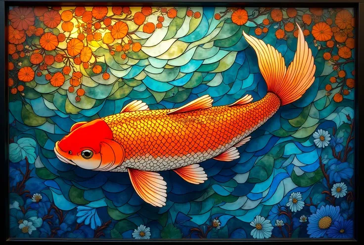  stained glass、carp、Colorful、 beautiful、Artistic、Japanese painting