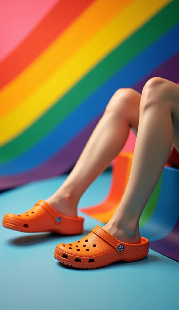  A vibrant rainbow-colored background that references the Pride flag. The colors can be distributed as a diagonal gradient or in soft blocks . THE MAIN MODEL WILL BE SEATED with their feet in the foreground so that the Pride Crocs are clearly visible.