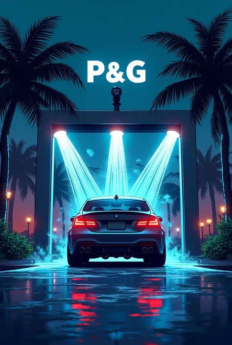 Modern car wash logo with dark anime-style colors
With a precision washing gun pouring water into the car and some palm trees next to it 
With the name of car wash p&g