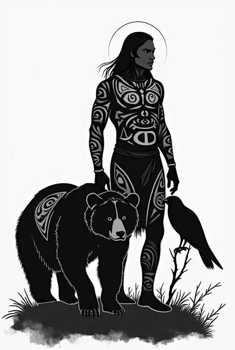 Create a tribal-like image ,  in black and white .  of an Indian accompanied by a bear and a peregrine falcon.

Let it not be so realistic, I need something more of a silhouette, with blank spaces. As for a tattoo  