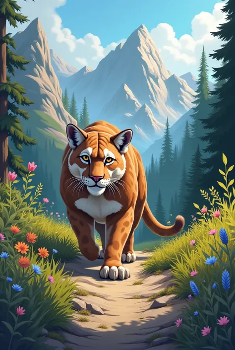 Old mountain lion walking around cartoon 