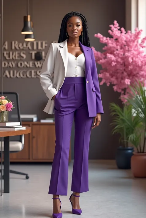 A Nigerian young lady in an big office sitting down, wearing suit up and down purple and white color, braided hairstyles, with high heels, on the wall of the office is written learn Ai with pearl day one was a success, it will look very bold, beautiful flo...