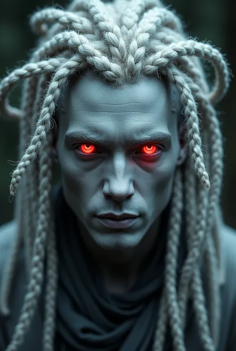 man in his 20s,gray skin, red eyes ,dreadlocks brancos com ponta cinza, 