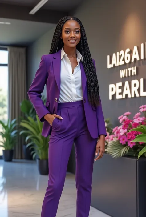 A Nigerian young lady in an big office sitting down, wearing suit up and down purple and white color, braided hairstyles, with high heels, on the wall of the office is written learn Ai with pearl day one was a success, it will look very bold, beautiful flo...