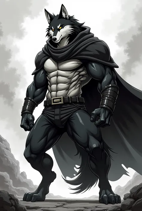 Generate a very strong biped wolf . Hes muscular and tall hes an antihero and he wears a fish tank and hes black and white ART is anime hes not realistic and he wears a cover