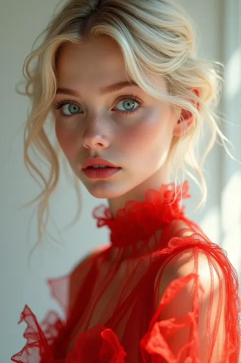 Blonde short girl with blue eyes in a red transparent dress