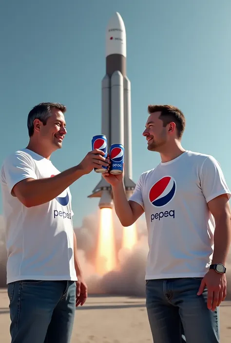  HIGH QUALITY, 8K ultra HD, Carlos Menem wearing a t-shirt with the Tuareq ,  toasting with a Pepsi with Elon Musk wearing a t-shirt with the Tuareq logo,  logo on a space rocket launch platform 