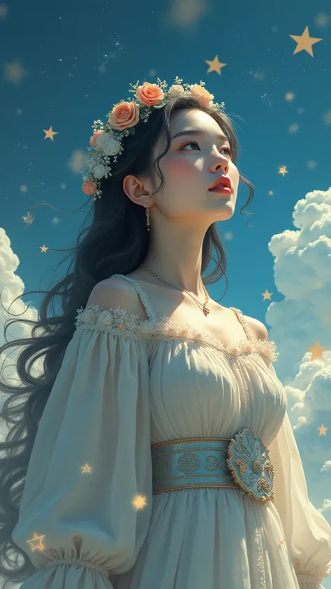   delicate depiction 、Delicate Shadows、The stars in the sky look so big、Fantasy World、Fantasy buildings、Island in the Sky 、 A woman with a very beautiful face、Giant God、God&#39;s Realm、Creatures that can be used by gods