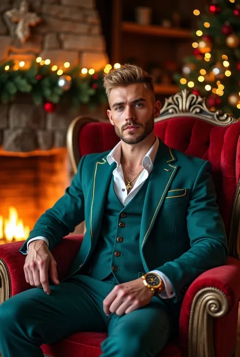 distant view.  Pose seated on a wooden throne and elegant red velvet as if of clos . In a cozy and elegant cabin ,  with a stone fireplace decorated with garlands and lights .  A Christmas tree with gold and silver spheres illuminates the room . The dark w...