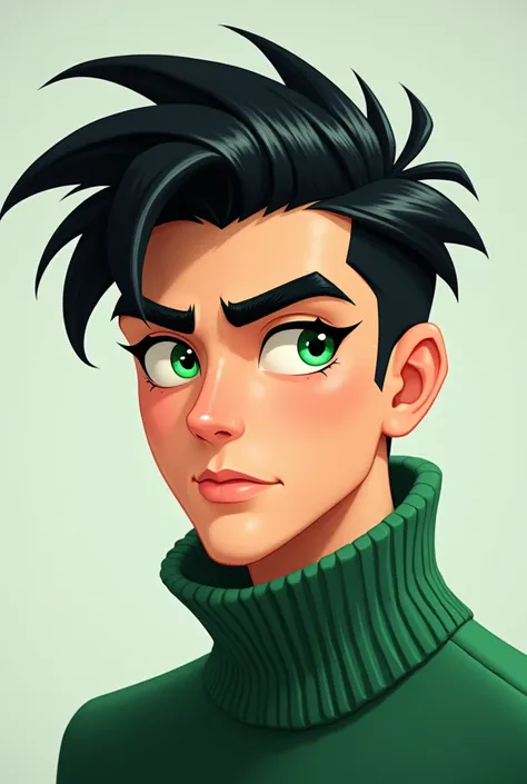 A green-eyed man wearing a green sweater and black cartoon hair