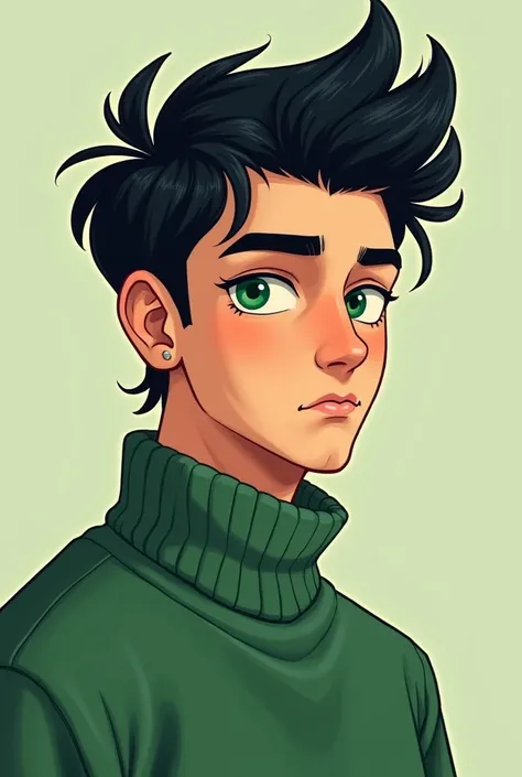 A green-eyed man wearing a green sweater and black cartoon hair