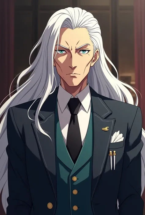 anime character, elderly, Long white-haired , Looking stately and confident, wearing a suit, white,  with sword designs on the fabric 