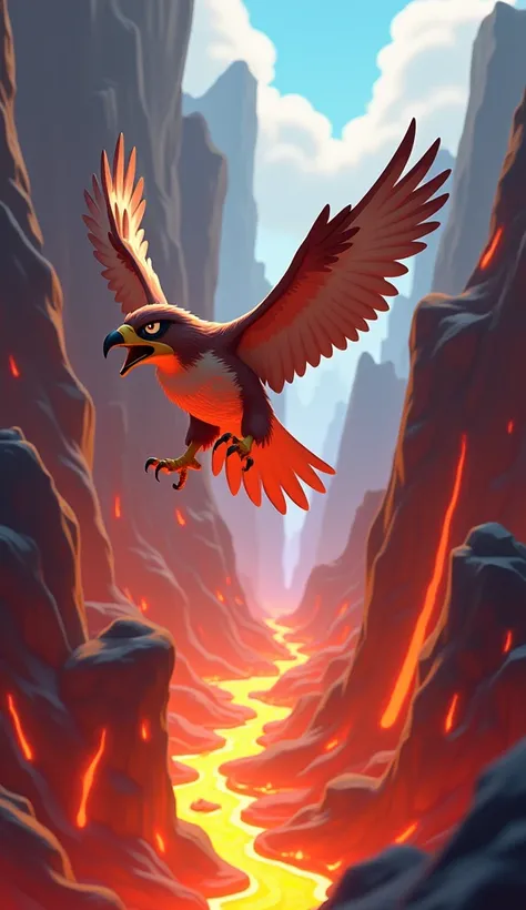 3D cartoon falcon, tumbling through the air towards a jagged rocky terrain. Its body is contorted mid-fall, beak open in an inaudible cry. Lava flows between jagged rocks below, adding a sense of impending doom.