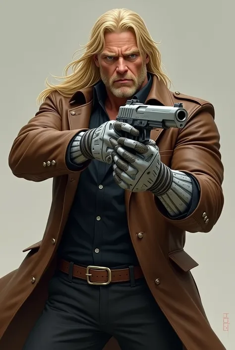  Make a strong muscular man , long haired blonde,  robotic hands dressed in a brown leather overcoat,  black dress shirt with buttons ,  black pants , Aiming at a silver magnum 44 ,  highlighting the bore of the guns barrel . 